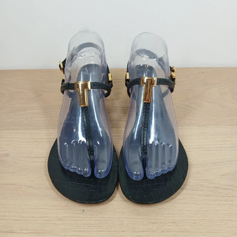 Tory Burch Sandals Women's 8.5 Black Leather Wedge Cork T Strap Thong Summer